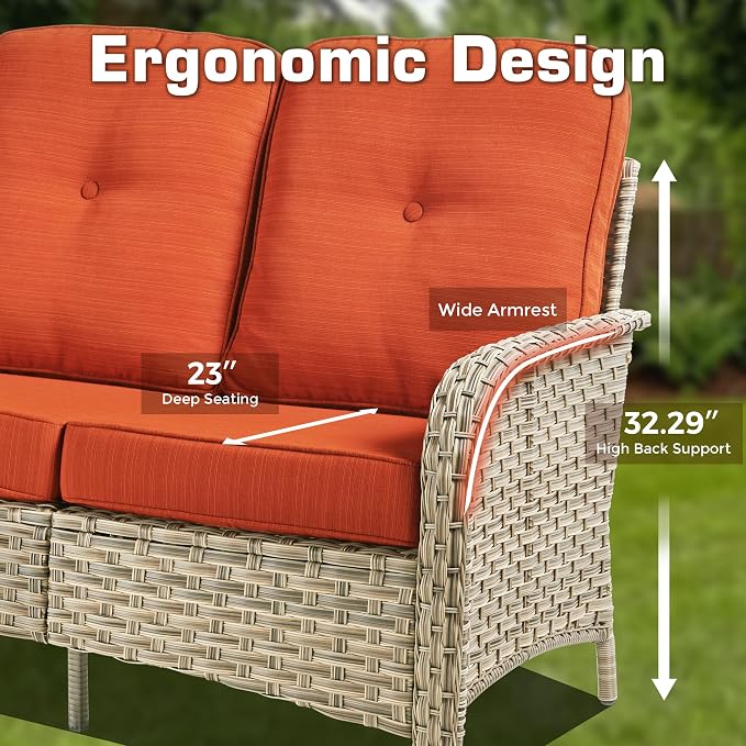 5-Piece Outdoor Patio Furniture Set,All Weather Wicker Rattan Patio Seating Sofa and Chair Set with Ottomans,Outdoor Conversation Sets with 3 Seater Couch for Porch Deck Yard,Red