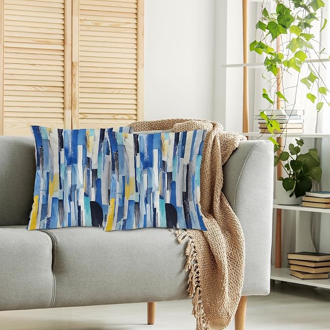 Swono Abstract Art Cozy Pillowcase Cushion Cover, Modern Watercolor Stripes Teals Decorative Throw Pillows Covers Outdoor Pillow Case for Home Office Dorm Sofa Picnic Car 18" X 18" 2 Pack, Blue