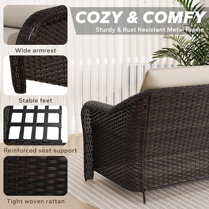 7 Pieces Patio Conversation Set, 78" Wicker 3-Seat Couch with Washable Cushions, 2 Glider Swivel Rocker Chairs, 2 Armchairs, Coffee Table, Rattan Cat Bed End Table, Sofa for Lawn (Beige)