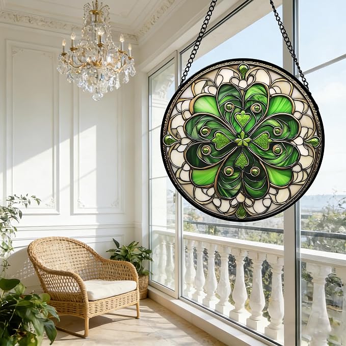 DASTOLL Stained Glass Window Hanging St. Ripak Festival Green Lucky Clover Large 15" - Suncatcher Door Garden Sun Catcher Ireland Decor Mother's Day for Mom Woman Her Men Sisters