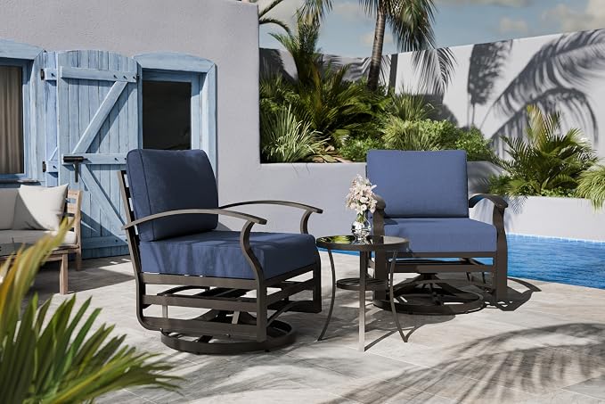 Outdoor Patio Furniture Set, 3 Piece Aluminum Metal Chairs Swivel Rocker, Overstuffed Washable Cushions Bistro Set for Porch, Balcony, Deck, Garden Navy
