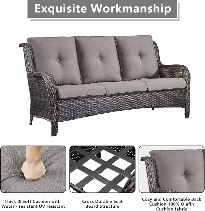 Rilyson Wicker Patio Furniture Set - 7 Piece Rattan Outdoor Sectional Conversation Sets with 2 Rocking Swivel Chairs,2 Ottomans,2 Sofa and 1 Coffee Table for Porch Deck Garden(Brown/Grey)