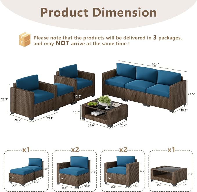 LOUVIXA 7 Piece Outdoor Patio Furniture Set, Rattan Chairs Glass Table Wicker Conversation Seating Sectional Sofa with Cushions (Brown-Peacock Blue, 7Pcs-2 Layer Coffee Table)