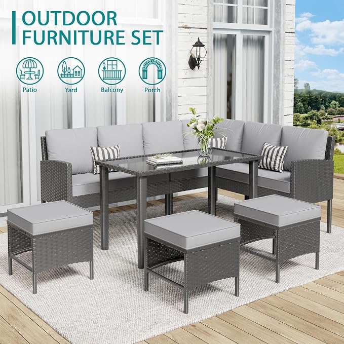 7-Piece Patio Furniture Set with Cushions and Pillows, Outdoor Wicker Sectional Sofa with Long Glass Coffee Table, All-Weather Conversation Set for Garden, Porch, Lawn, Gray