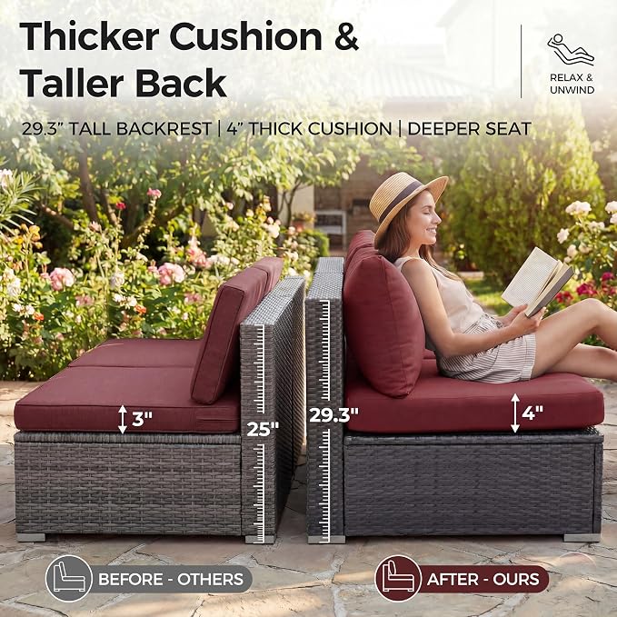 NICESOUL 20 Piece Outdoor Patio Furniture Set with Fire Pit and Chaise Lounge, 500 lbs High Weight Capacity Outdoor Sectional with Fire Pit, 16-Seat Deep Seating Sectional, Charcoal/Burgundy