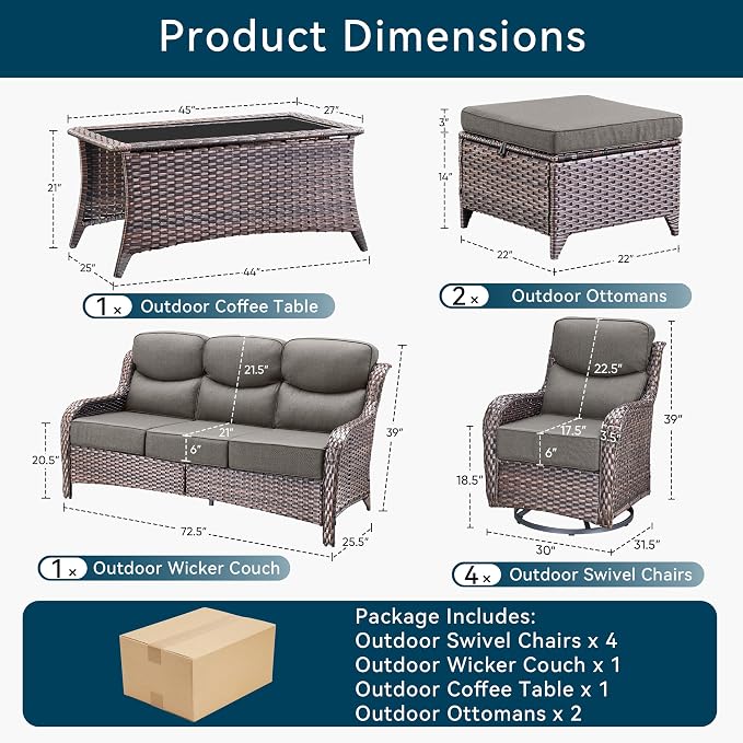 Luxury High Back Outdoor Furniture with 6-Inch Thick Cushions, Patio Furniture Set with Swivel Chairs, 8 PCS Wicker Conversation Set for Porch, Balcony, Deck and Yard