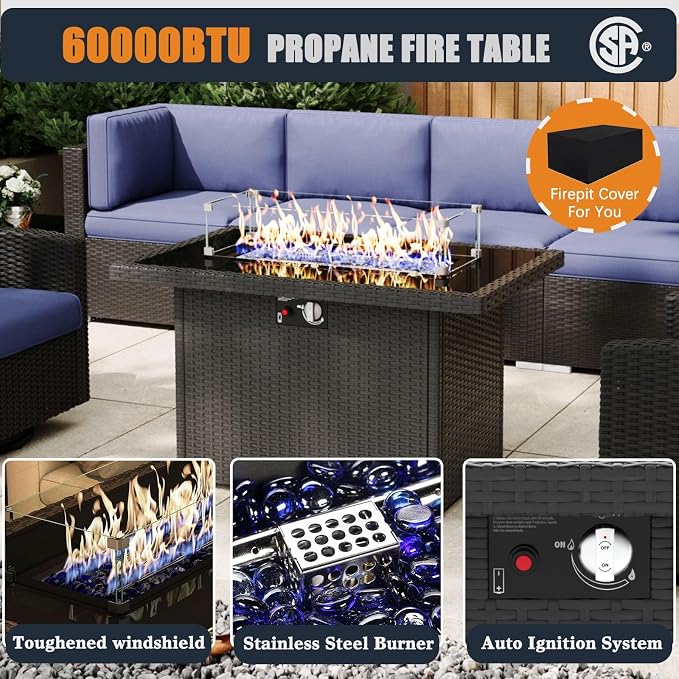 Patio Furniture Set with Fire Pit Table, 13 Pieces Outdoor All-Weather Wicker Conversation Sectional Chair Sofa Set with 4 Swivel Chairs