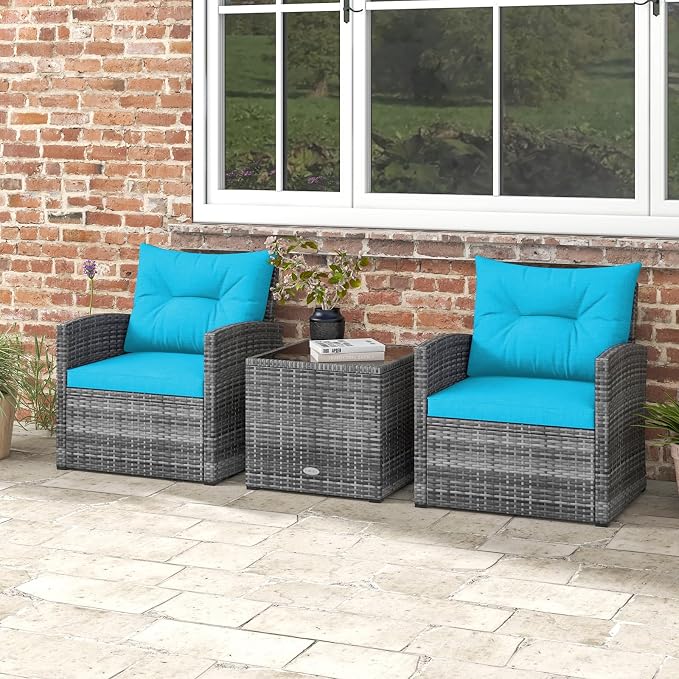 ORALNER Patio Furniture, 3 Pieces Outdoor Wicker Conversation Set Chairs with Soft Cushions and Glass Coffee Table, Rattan Bistro Set for Balcony Garden Deck Front Porch Poolside (Turquoise)