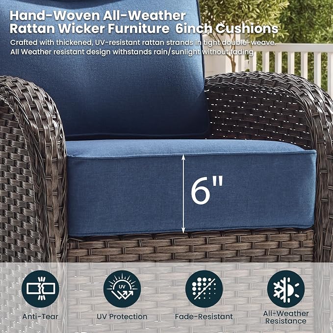High Back Luxury Patio Furniture Set with 6-inch Thick Cushion, Swivel Rocker Patio Chairs with Outdoor Couch, 6 Piece Wicker Conversation Set for Deck Yard Garden Balcony Blue Cushion