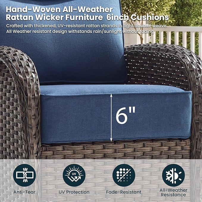 High Back Luxury Patio Furniture Set with Fire Pit Table, 6-Inch Cushion Swivel Rocker Patio Chairs with Outdoor Couch, 7 Piece Wicker Conversation Set for Deck Yard Garden Balcony Blue