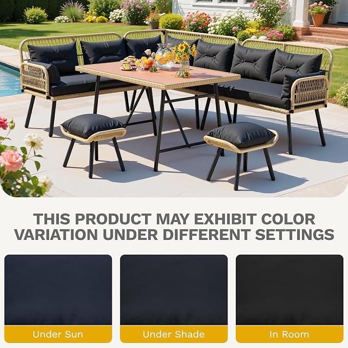 DWVO 9-Piece Patio Furniture Set Couch L Shape Outdoor Couch with Soft Cushions, Ottomans & Dining Table All-Weather Rattan Patio Conversation Set Outdoor Patio Sectional for Backyard Garden