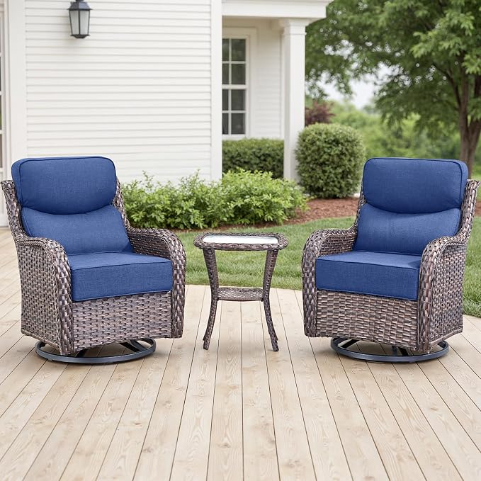 Rilyson Outdoor Patio Furniture Set - Weather Resistant Wicker,High Back,6 inch Cushions,3 Piece Patio Bistro Set with Swivel Rocker Chairs and Side Table for Deck Porch Yard,Brown/Blue