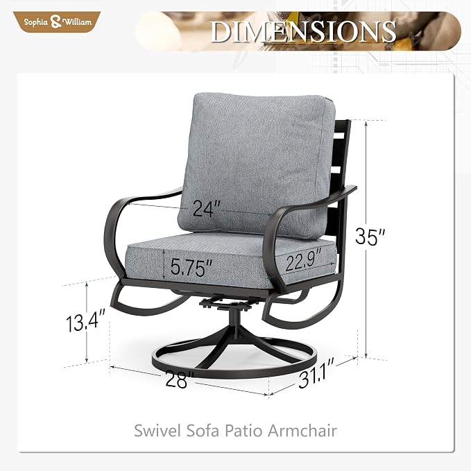 Sophia & William 2 Pieces Patio Furniture Sets Metal Sofa Chairs Patio Cushion Armchairs Swivel Sofa Chairs with Removable Cover for Garden Backyard Poolside Grey