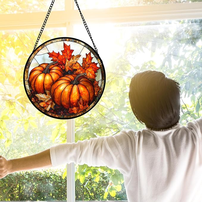 DASTOLL Stained Glass Window Hanging, Pumpkin Maple Leaf Suncatcher for Doors Home Sun Catchers Decoration and Christmas, Mother's Day Birthday Gifts for Women, Men, and Mom 9.8 in