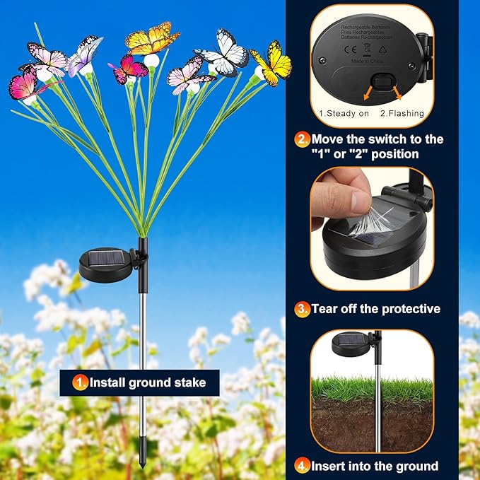 Vivideal Solar Butterfly Lights Outdoor, 2 Pack 16 LED Solar Garden Lights with 2 Modes, IP65 Waterproof Solar Powered Lights for Outside Garden Yard Patio Pathway Decorations