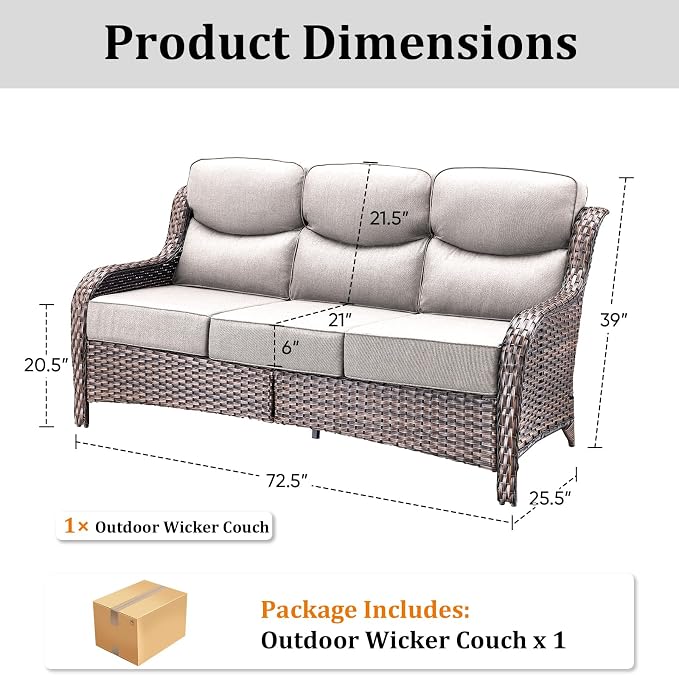 71'' Patio Couch Outdoor Wicker Sofa, Heavy Duty All-Weather Rattan 3-Seater Sofa with Deep Seating and Removable Cover, Outdoor Patio Furniture for Deck Porch Sunroom Backyard Brown/Beige