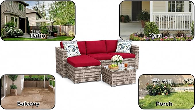 GAOMON 5 Piece Outdoor Patio Furniture Set, All-Weather PE Wicker Sectional Couch Set with Cushions and Ottomans, Outdoor Patio Conversation Set with Glass Table for Backyard, Porch, Balcony