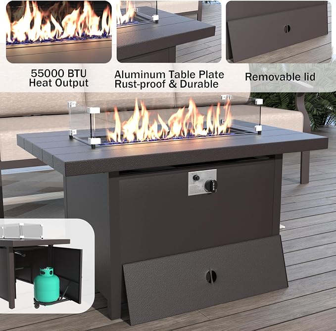 ALAULM Aluminum Patio Furniture Set with Propane Fire Pit Table 7-seat Metal Outdoor Furniture w/Swivel Chairs Patio Sectional Sofas w/2 Ottomans for Porch, Backyard, Poolside-Sand