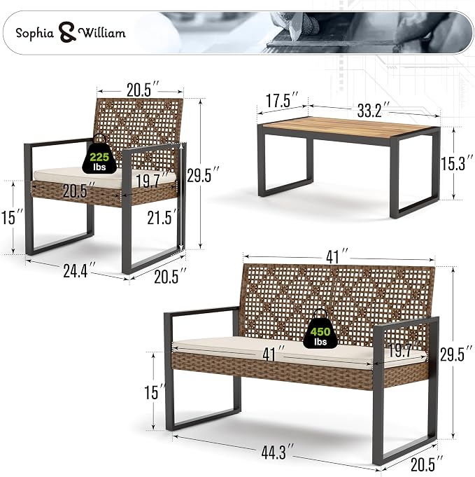 Sophia & William 4 Pieces Patio Conversation Set, Wicker Outdoor Furniture Set for 4, All Weather Outdoor Seating Set, Rattan Loveseat & Single Chairs with Cushions & Acacia Wood Coffee Table