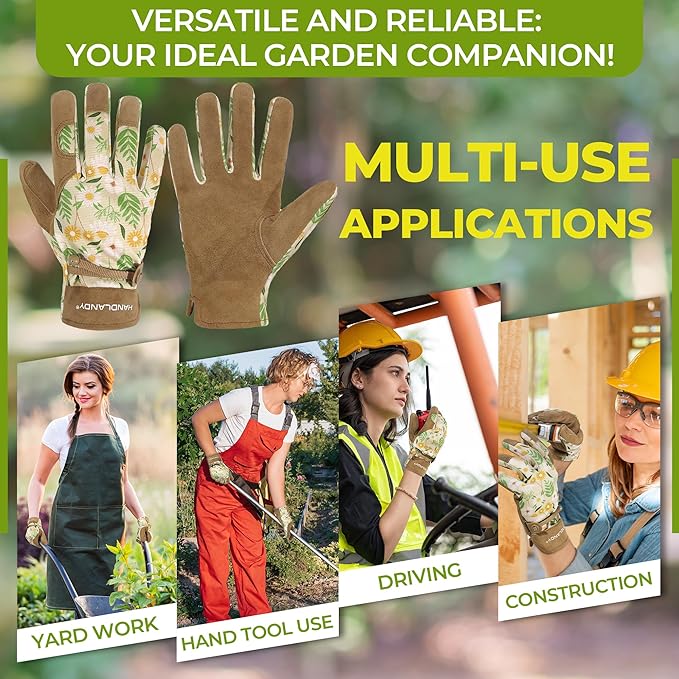 HANDLANDY Gardening Gloves for Women, Leather Garden Glove, Gardener Gift | Breathable Floral Ladies Leather Garden Yard Gloves, for Trimming, Weeding, Digging, Planting, Pruning