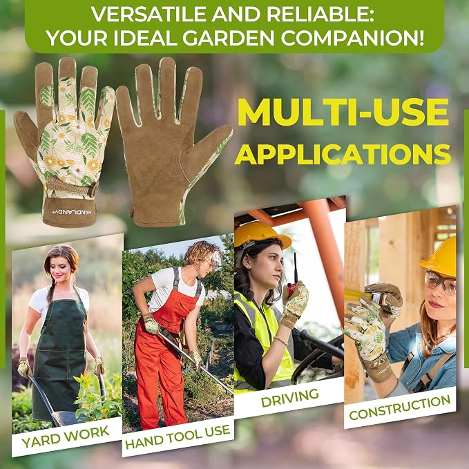 HANDLANDY Gardening Gloves for Women, Leather Garden Glove, Gardener Gift | Breathable Floral Ladies Leather Garden Yard Gloves, for Trimming, Weeding, Digging, Planting, Pruning