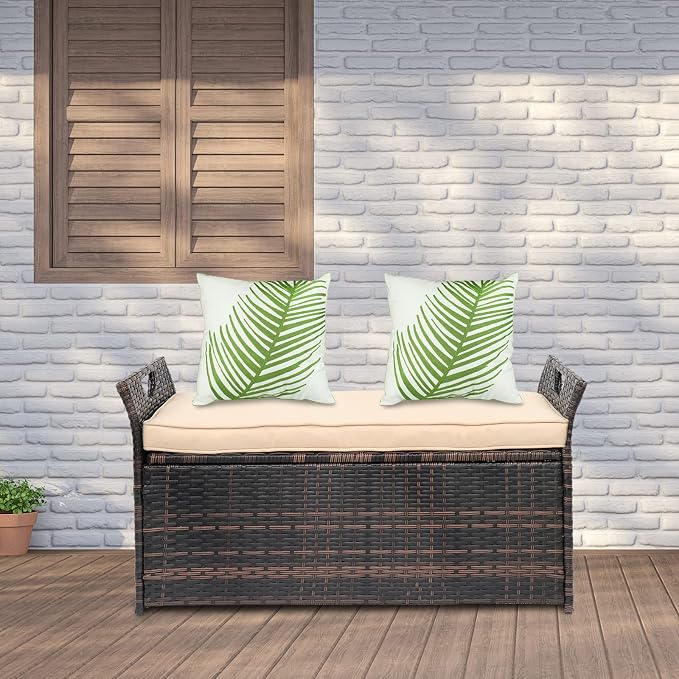 33 Gallon Outdoor Wicker Storage Bench with Cushion, Rattan Storage Box, 2-in-1 Large Capacity Rectangle Garden Storage Box Wicker Deck Box with Handles＆Seat for Backyard, Balcony, Poolside (Brown)