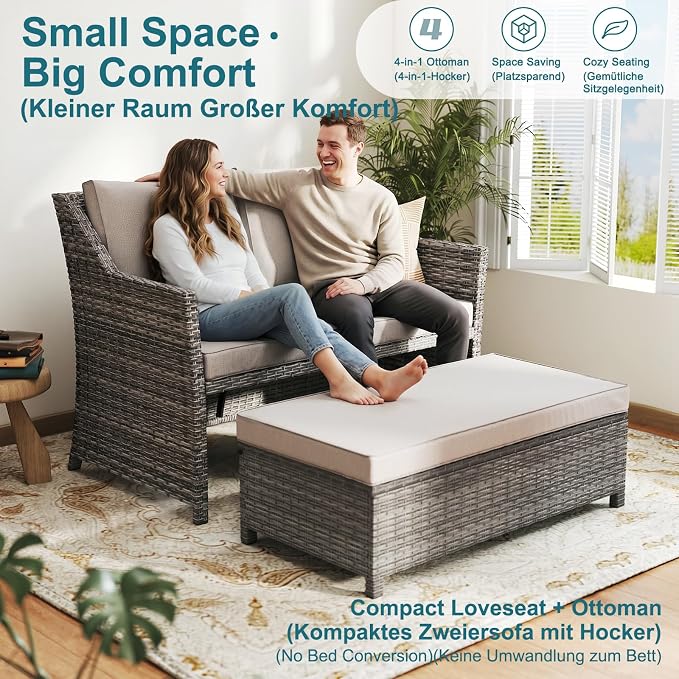 OC Orange-Casual 2-Piece Outdoor Patio Furniture Wicker Love-seat and Coffee Table Set, with Built-in Storage Bin, Grey Rattan, Beige Cushions