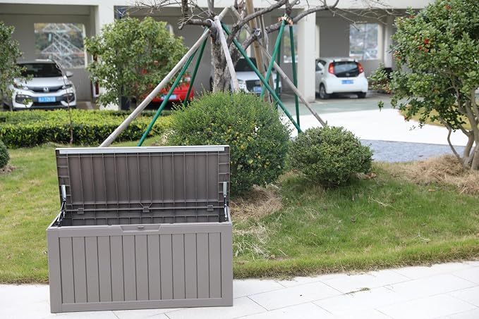 BTEXPERT 80 Gallon Outdoor Storage Container Deck Box with Metal Support Rods for Patio Furniture Garden Tools Cushions Waterproof Lockable UV Resistant Resin