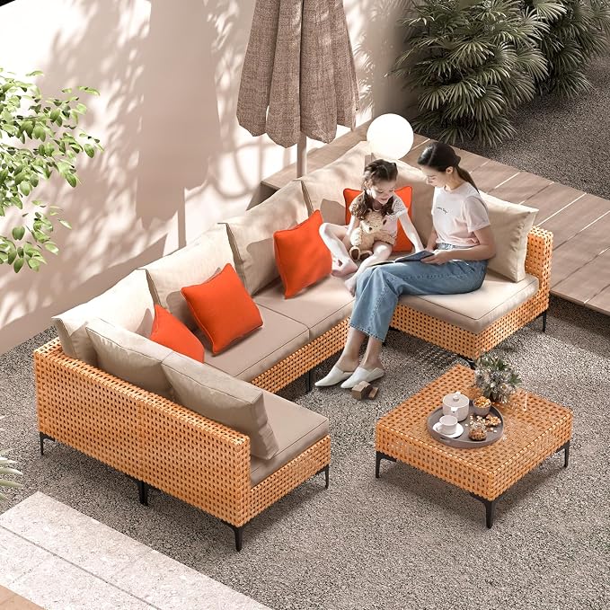 7 Piece Outdoor Patio Furniture Set Modular Outdoor Furniture Set Wicker Outdoor Sectional Sofa with Cushions and Tea Table Patio Set for Balcony Porch Deck Yard (Salmon&Orange Wicker, Sand Cushion)