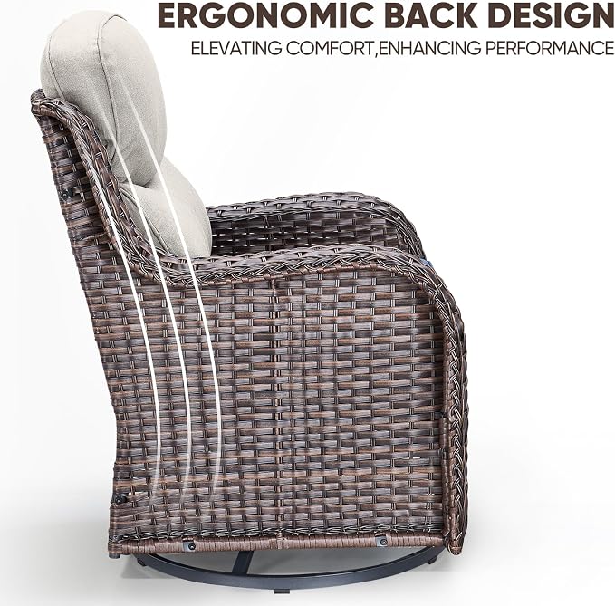 Swivel Patio Chairs Set of 3 with 6" Thick Cushion - Wicker Outdoor Swivel Rocker Patio Chairs with Side Table, High Back Comfortable Outdoor Glider Chair - Brown Wicker | Beige Cushions