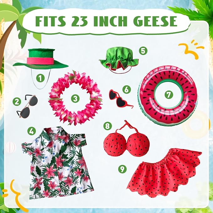 2 Set Hawaiian Porch Goose Outfits,23''Porch Goose Summer Outfits,Bikini Lawn Goose Costume,Yard Goose Clothes Skirt Hat Glasses Floral Wreath Swimming Ring for Outdoor Garden Yard Decor