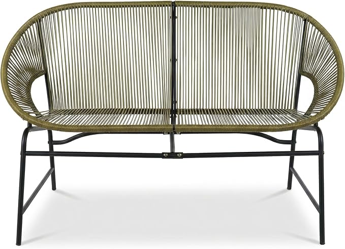 Christopher Knight Home Dessa 4 Piece Patio Furniture Set with Acacia Wood Coffee Table, 4 Seater PE Rattan Outdoor Conversation Set, Metal Outdoor Sectional Sofa Set, Beige+White, Green