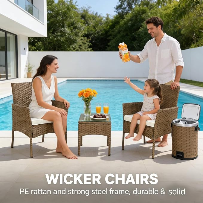 UNITED FLAMES 3-Piece Outdoor Wicker Bistro Set, PE Rattan Patio Chairs & Side Table with Cushions, Weather Resistant Conversation Set for Balcony, Porch, Garden (Beige)