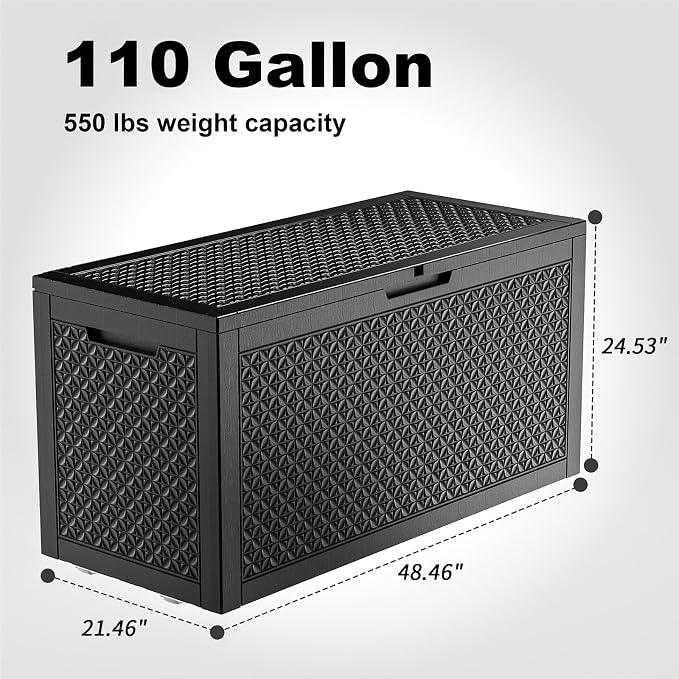 Large Outdoor Storage Box Waterproof, UV Resistant Resin Deck Box for Patio Furniture,Garden Tools,Cushions (Black, 110 Gallon)