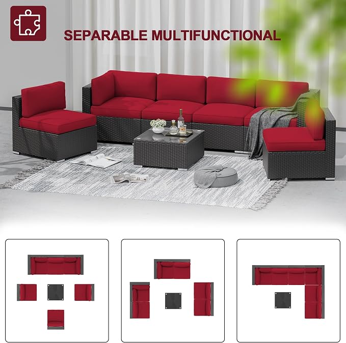 SUNCROWN 7-Piece Outdoor Patio Furniture Sofa Set All-Weather Wicker Sectional Conversation Set with Modern Glass Coffee Table, Cushions and Waterproof Cover,Red
