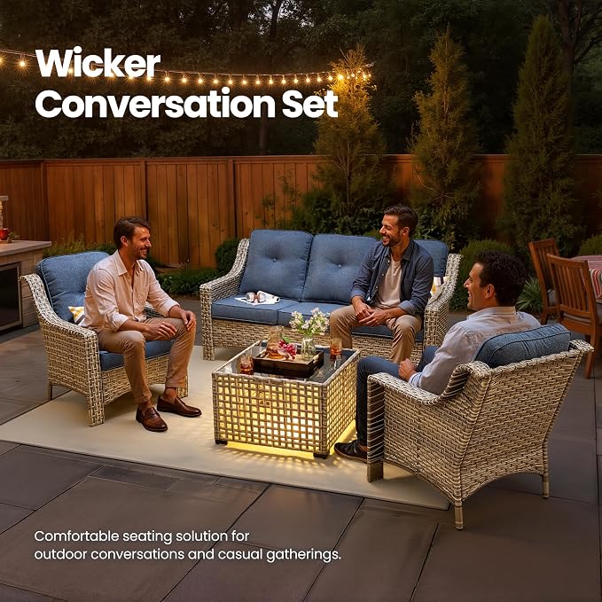 4 Piece Outdoor Patio Furniture Set, All Weather Waterproof Wicker High Back Conversation Set, Two Single Chairs, Solar Light Coffee Table, Outside Furniture for Porch Balcony, Diamond Blue