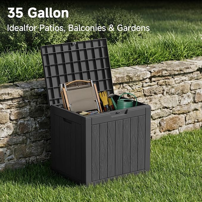 PatioZen 35 Gallon Outdoor Deck Box,Waterproof Resin Outdoor Storage Boxes, Outside Storage Lockable Container for Garden Tools,Indooor Cushions,Accessories (Black)