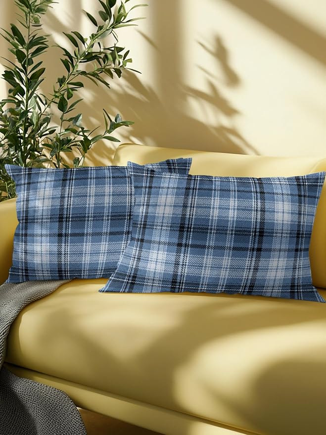 Waterproof Outdoor Pillow 1 Pack Blue Checked Plaid Decorative Throw Pillows Cover & Insert 20x12 Inch Lumbar Pillowcase Stripes Woven Grid Pillows for Couch Sofa Bed Patio Furniture Indoor Outdoor