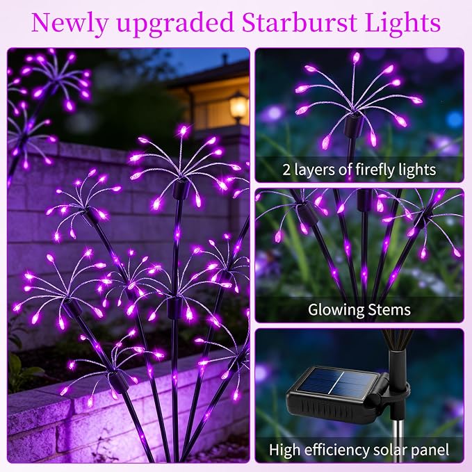 Solar Garden Lights Outdoor, 4 Pack 2-Layer Purple Solar Firework Lights | ﻿Purple Halloween Decoration, Waterproof Starburst Fairy Light Garden Decor for Christmas Yard Patio Pathway Lawn