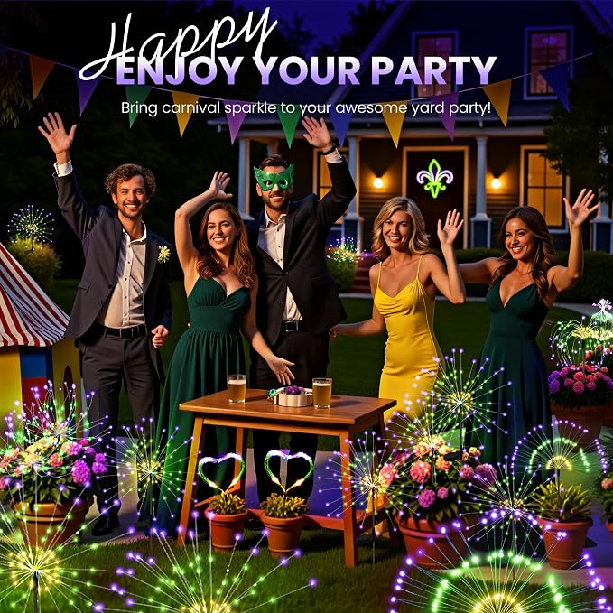 PEVOROS Solar Firework Garden Lights Outdoor, Purple/Yellow/Green, 6 Pack | 120 LEDs, Waterproof, Fairy Garden Decor, Auto On/Off, Solar Powered, for Yard, Patio, Porch, Flower Pot, Pathway