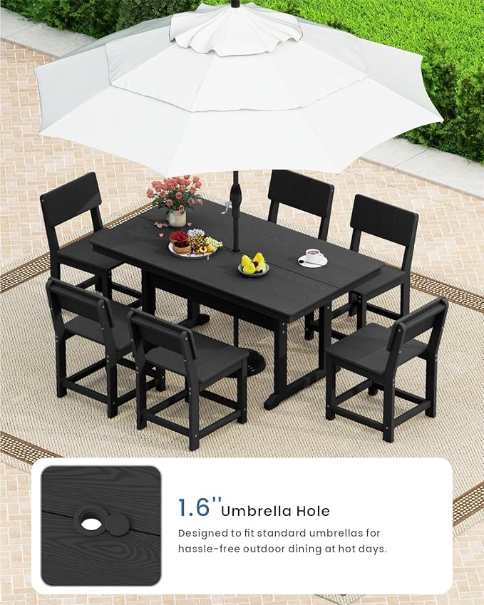 7-Piece HDPE Outdoor Dining Set, Weatherproof Patio Table and Chairs for 6, Outdoor Dining Table Set for Outside Deck Backyard Garden, Black