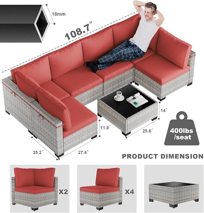 7-Piece Patio Furniture Set, Outdoor Sectional with Thick Cushions, Modular Patio Sofa, Dual-Strand Wicker Rattan, Rust-Resistant Frame, Backyard Furniture for Garden, Deck, Red