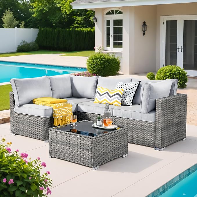 Weaxty 5 Pieces Patio Furniture Sets,Wicker Outdoor Sectional Sofa with Thicken Cushion and Rattan Coffee Table,Patio Conversation Couch Set for Porch, Balcony,Yard, Poolside,Light Gray
