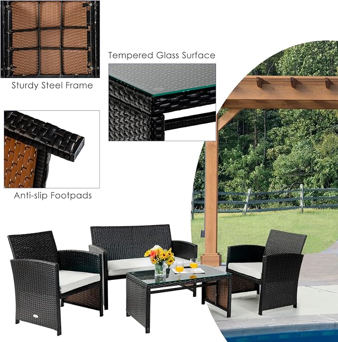 Tangkula 4 Pieces Rattan Furniture Set, Outdoor Conversation Set w/Chair & Loveseat & Tempered Glass Coffee Table, Suitable for Garden, Backyard, Poolside, Patio Furniture Set for 4 (1, White)