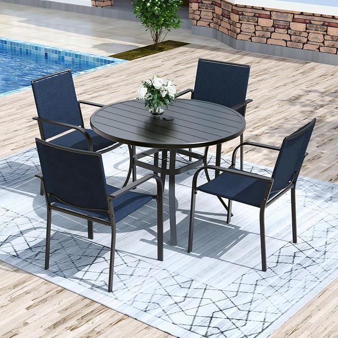 Anmutig 5 Piece Patio Dining Set 41 Inch Round Table Stackable Chairs Blue | Powder-Coated Steel Frame, Quick-Dry Textilene Mesh, Dual-Size Umbrella Hole, Weather Resistant, Patio, Garden, Backyard