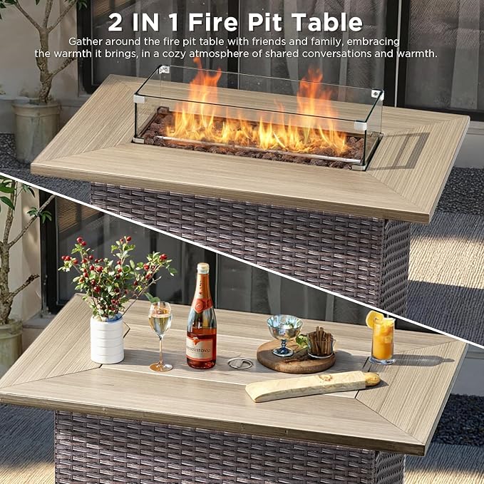 Luxury Patio Furniture Set with 42.5" Fire Pit Table, 6-Inch Thick Cushions Wicker Outdoor Furniture with Wicker Swivel Patio Chairs Set of 2, Patio Conversation Set for Deck Garden Porch, Beige