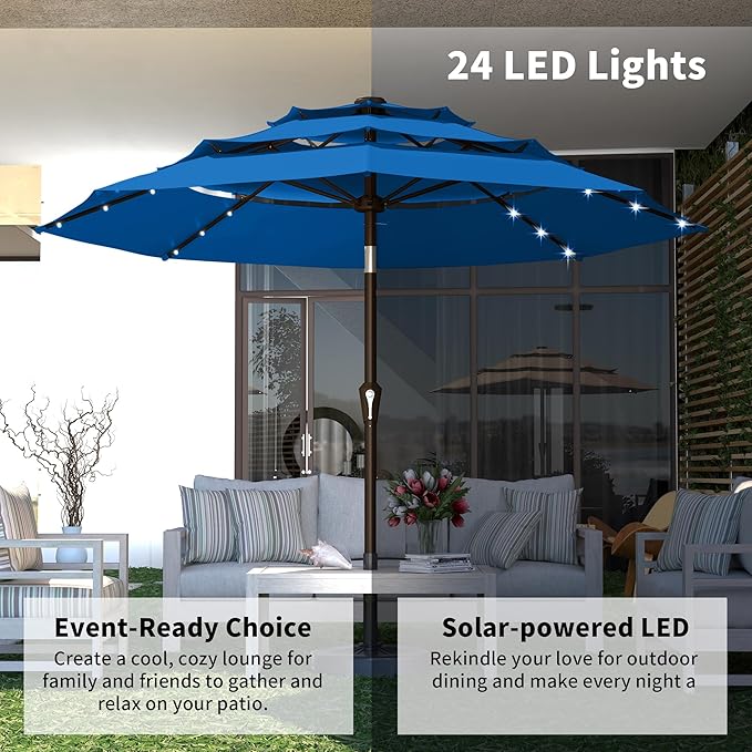 Kingdura 9ft 3-Tier Patio Umbrella with Solar Lights, Table Umbrella Outdoor Patio with Easy Crank & Tilt, 8 Sturdy Ribs, UV Protection, 32 LED Lights for Deck, Poolside, Market (Royal blue)