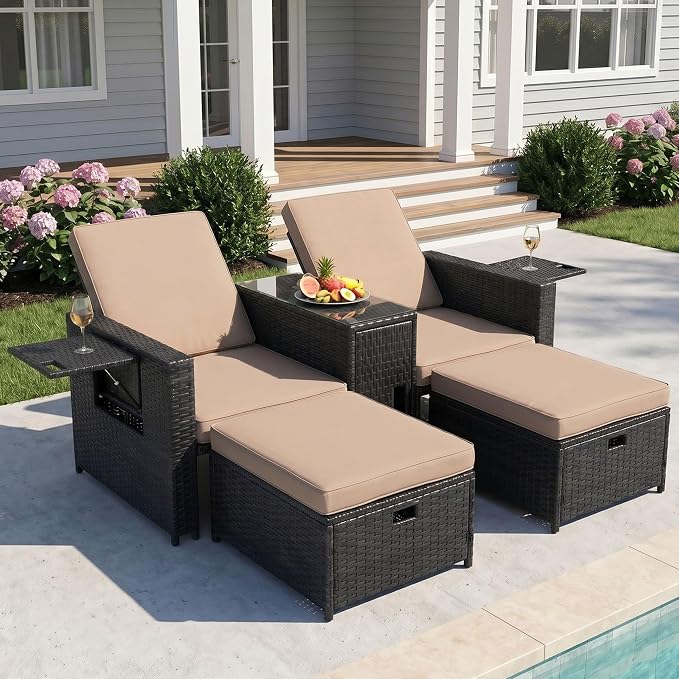 LVUYOYO 5 Piece Patio Furniture Set, Patio Wicker Conversation Set with Ottoman, Outdoor Chaise Lounge Chair with Side Table & Adjustable Backrest for Pool Backyard Garden (Black Wicker Khaki Cushion)
