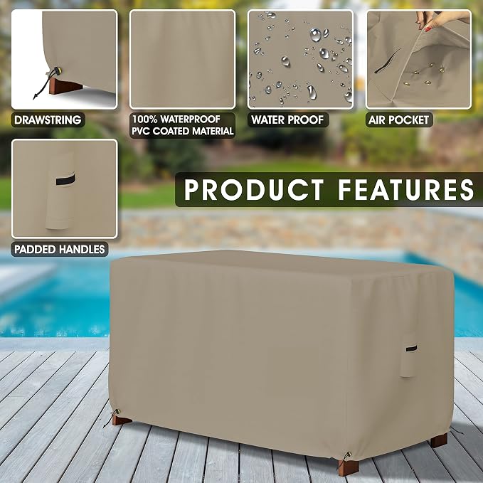 Covers & All Patio Deck Box Cover - Heavy Duty 12 Oz Waterproof Outdoor Yard Cushion Storage Box Protection 100% Weather Resistant with Air Pockets and Drawstring. (52" W X 27" D X 27" H, Beige)