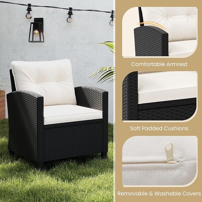 ORALNER 3 Pieces Patio Furniture Set, Wicker Conversation Set Outdoor Chairs with Cushions, Glass Coffee Table, Rattan Bistro Set for Front Porch Balcony Garden Deck Poolside (White)